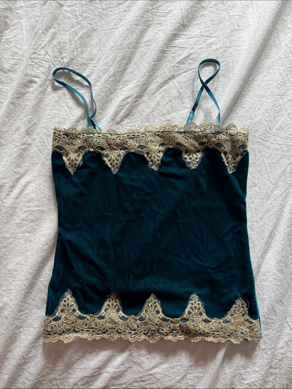 Vintage Lace Trim Velvet Cami Tank Top - Teal